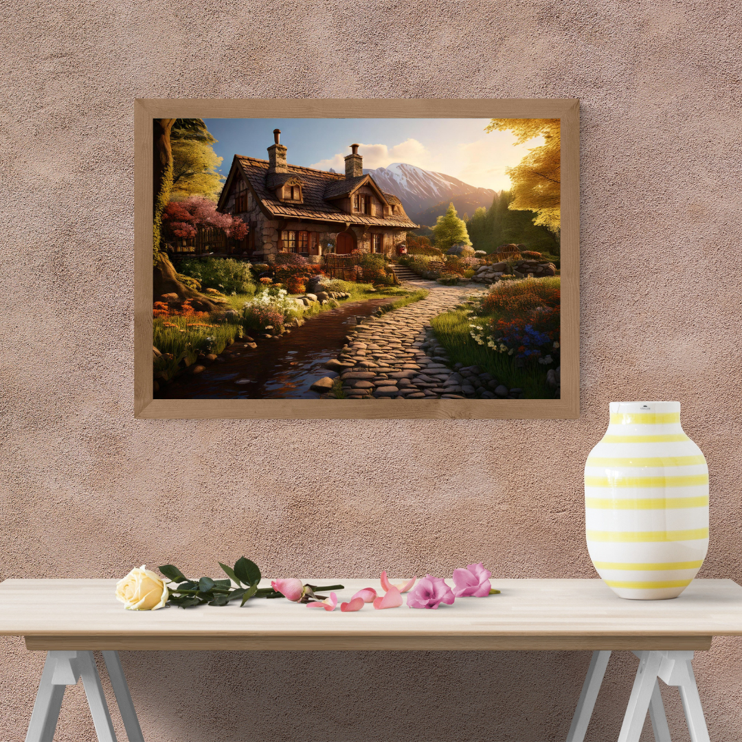 4 Digital Enchanted Stone Cottage prints with romantic theme.